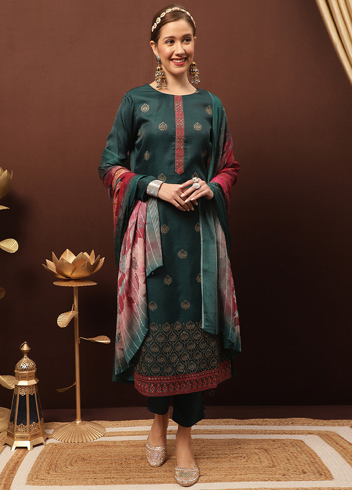 3 Pc Teal Unstitched Silk Suit Set