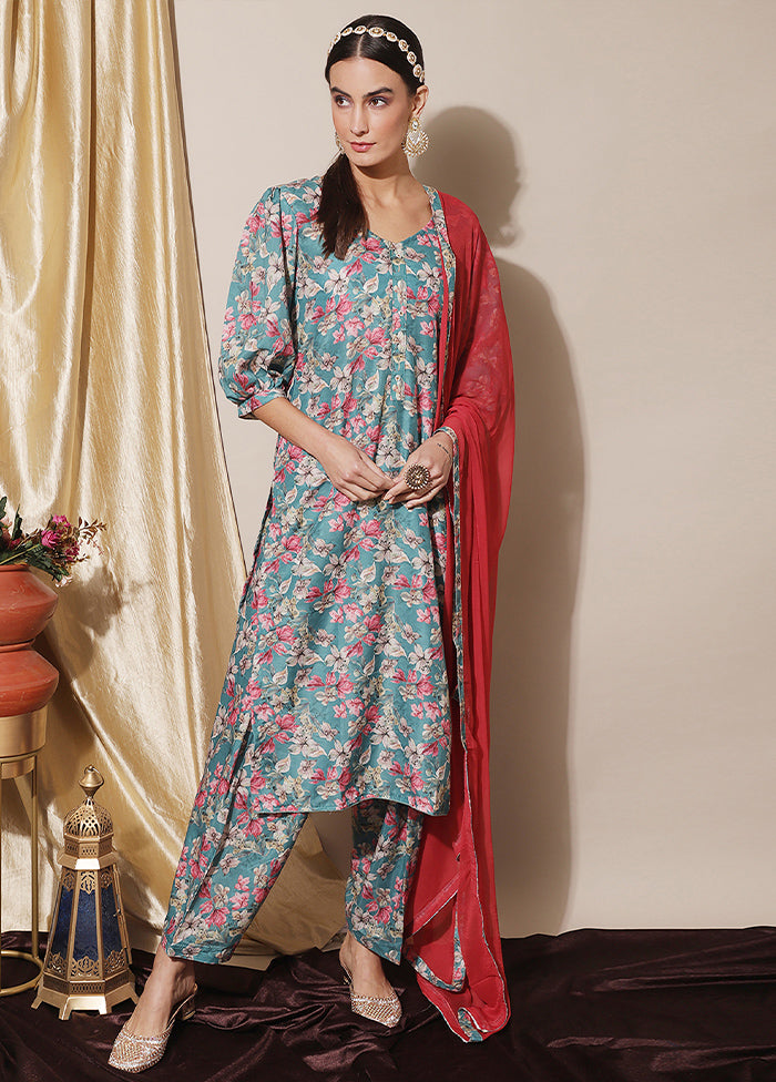 3 Pc Turquoise Unstitched Silk Suit Set