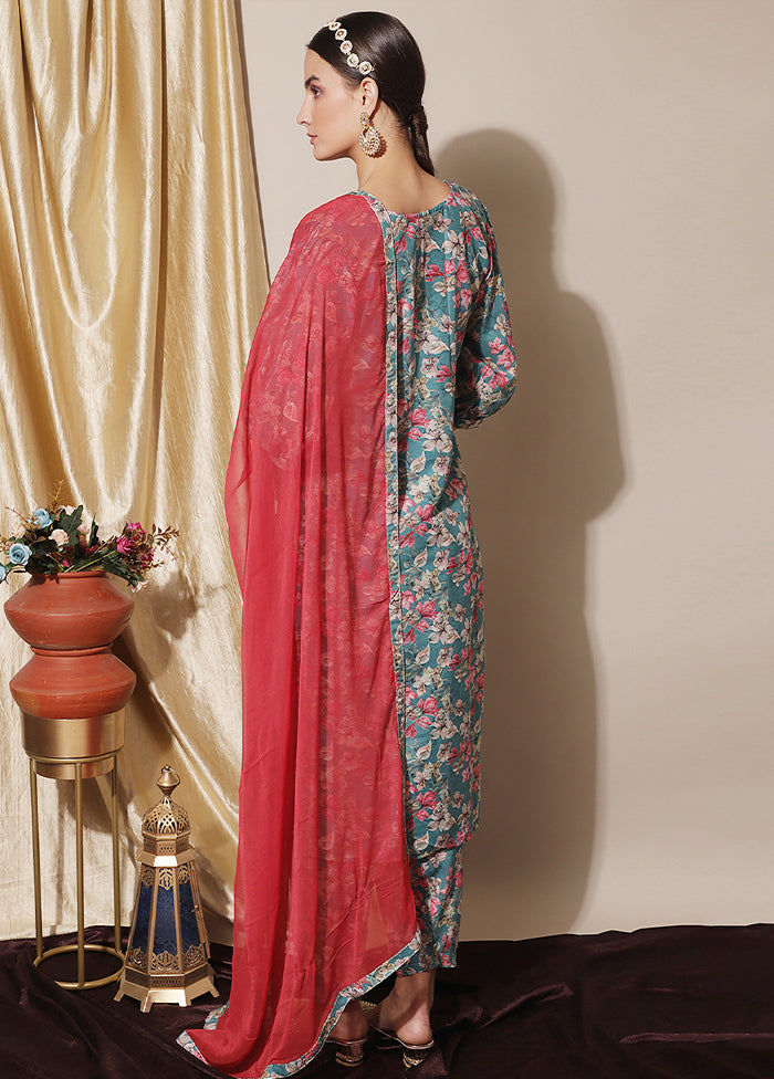 3 Pc Blue Unstitched Muslin Suit Set - Indian Silk House Agencies