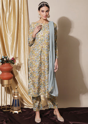 3 Pc Mustard Unstitched Silk Suit Set