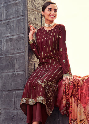 3 Pc Maroon Unstitched Silk Suit Set