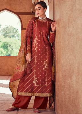 3 Pc Rust Unstitched Silk Suit Set