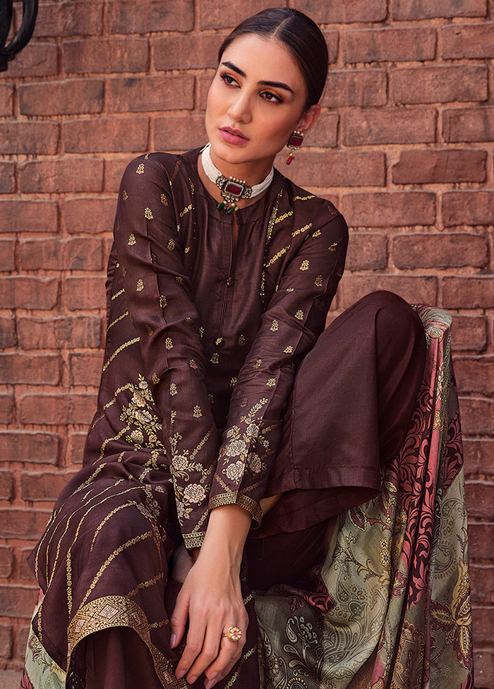 3 Pc Brown Unstitched Silk Suit Set