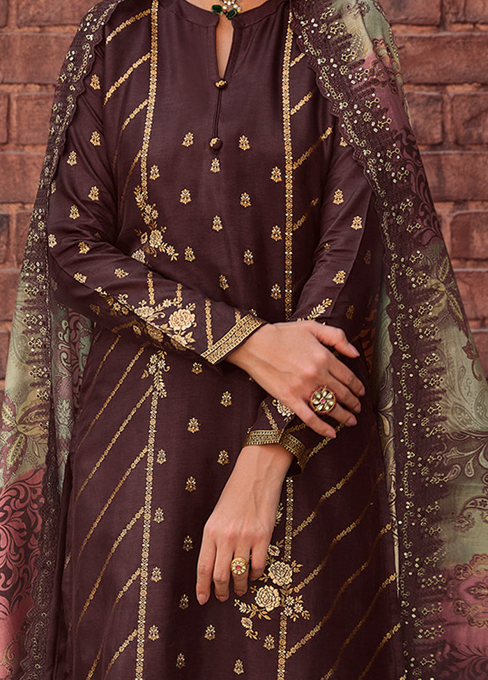 3 Pc Brown Unstitched Silk Suit Set