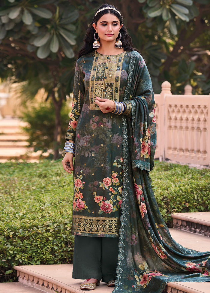 3 Pc Green Unstitched Pure Silk Suit Set