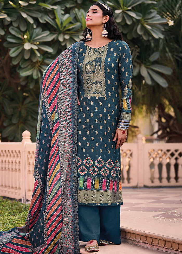 3 Pc Blue Unstitched Pure Silk Suit Set