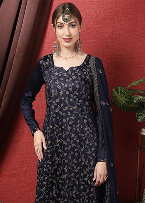 3 Pc Navy Blue Unstitched Cotton Suit Set