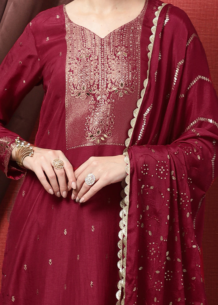 3 Pc Maroon Unstitched Silk Suit Set