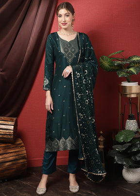 3 Pc Teal Unstitched Silk Suit Set