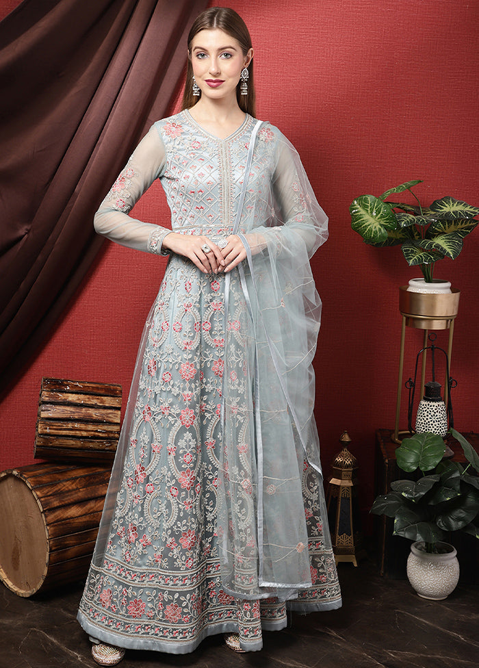 3 Pc Sky Blue Unstitched Suit Set With Dupatta VDSL2503233 - Indian Silk House Agencies