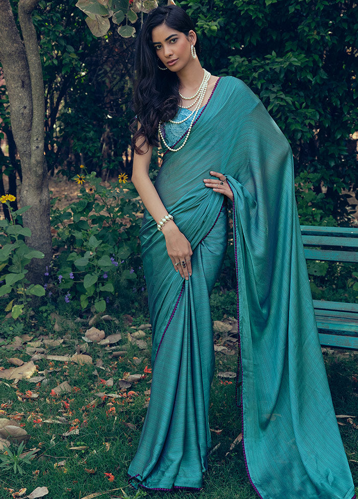 Teal Dupion Silk Saree With Blouse Piece