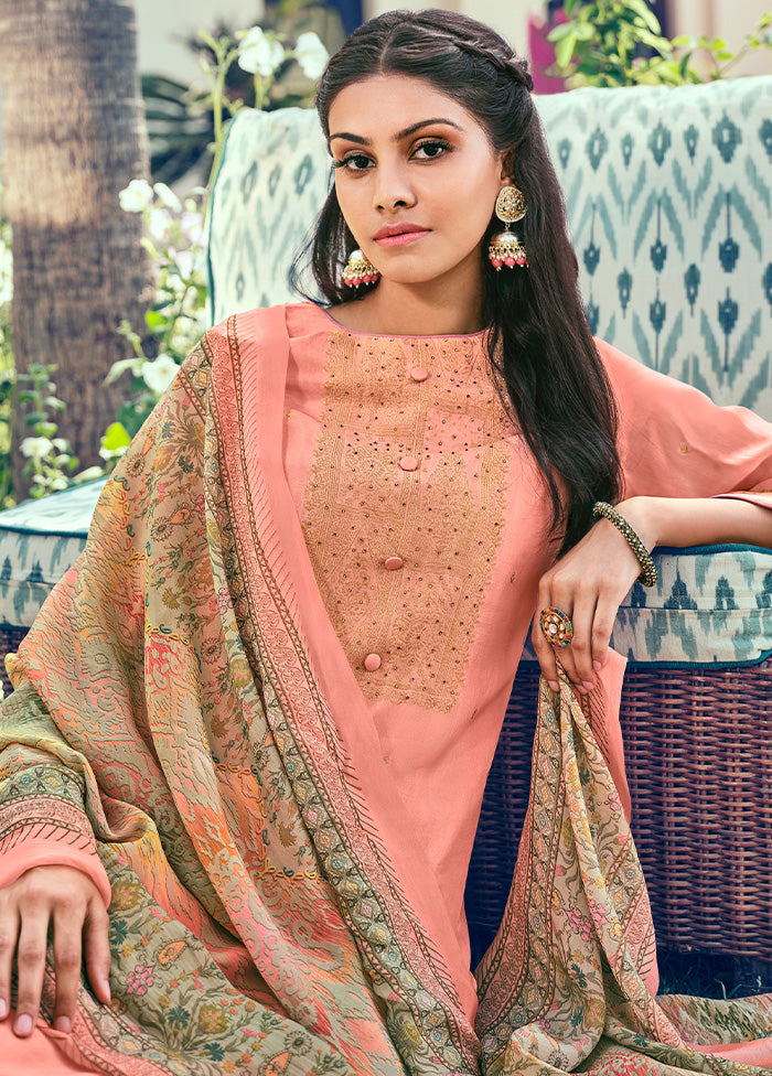 3 Pc Peach Unstitched Pure Silk Suit Set