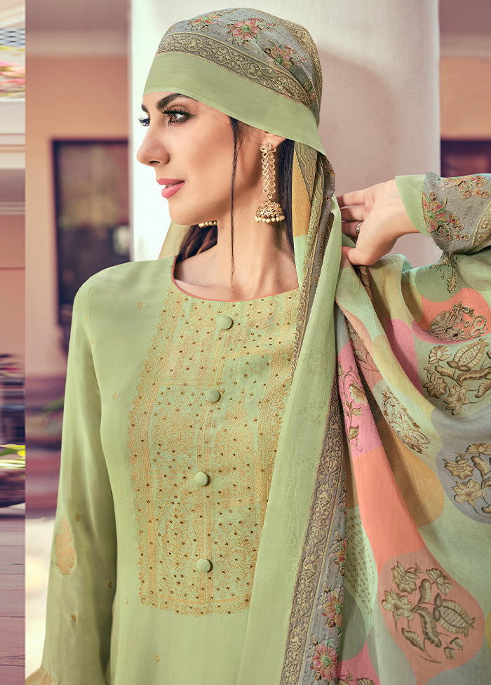 3 Pc Green Unstitched Pure Silk Suit Set