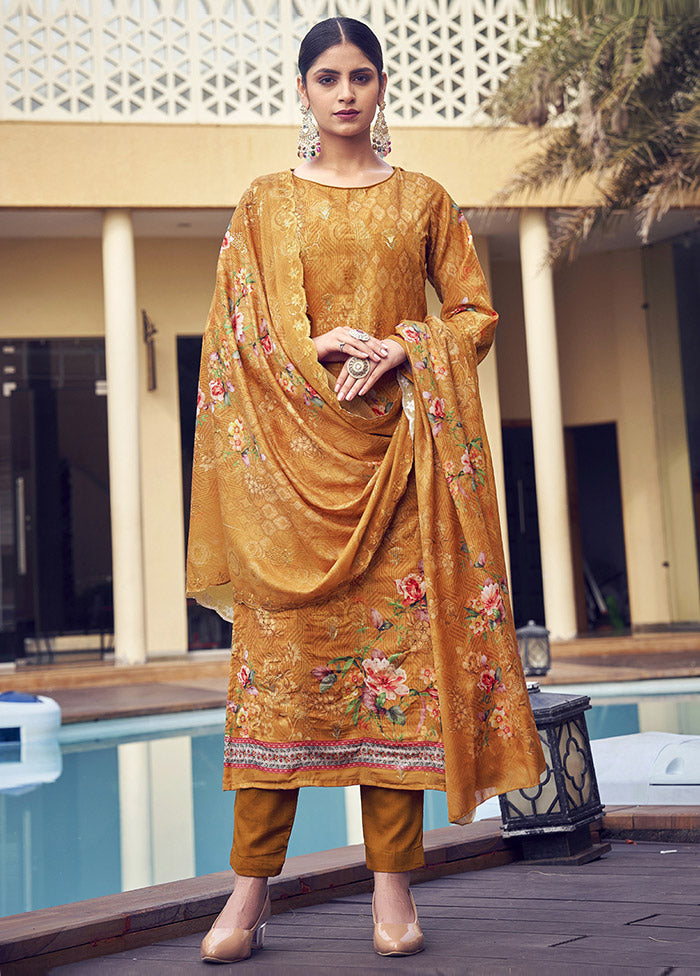 3 Pc Mustard Unstitched Silk Suit Set