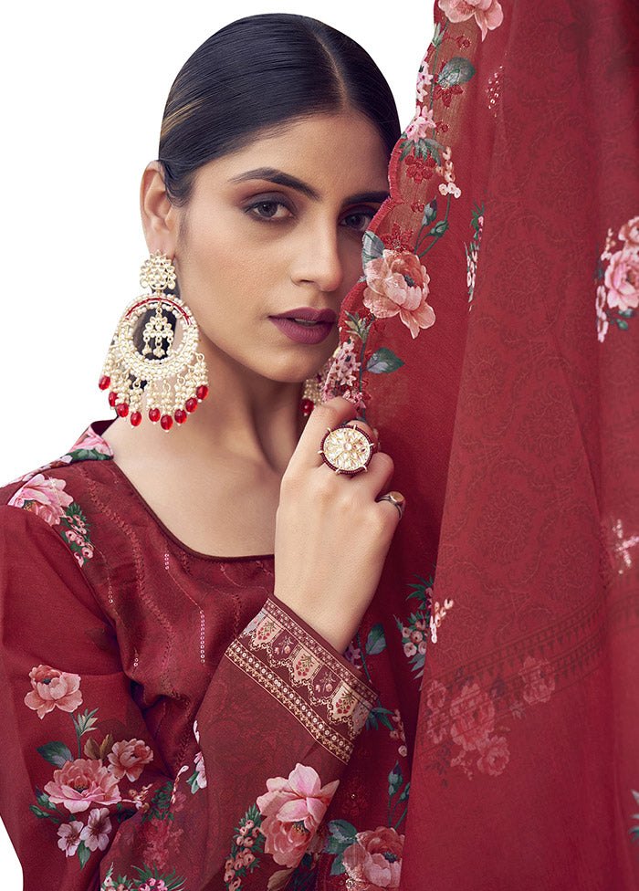 3 Pc Red Unstitched Silk Suit Set