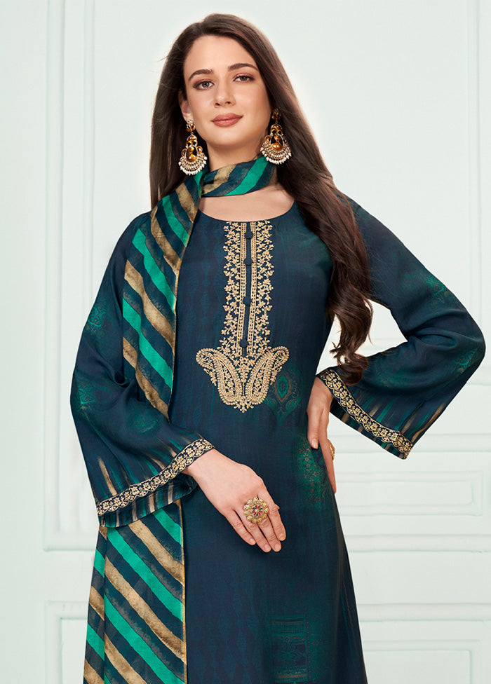 3 Pc Navy Blue Unstitched Silk Suit Set