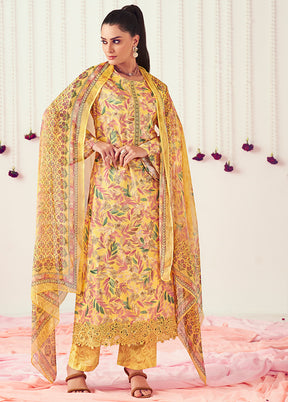 3 Pc Yellow Unstitched Pure Cotton Suit Set