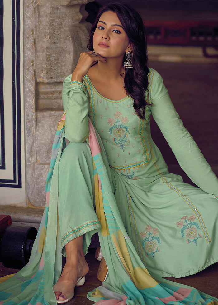 3 Pc Green Unstitched Silk Suit Set