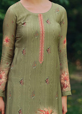 3 Pc Olive Green Unstitched Silk Suit Set