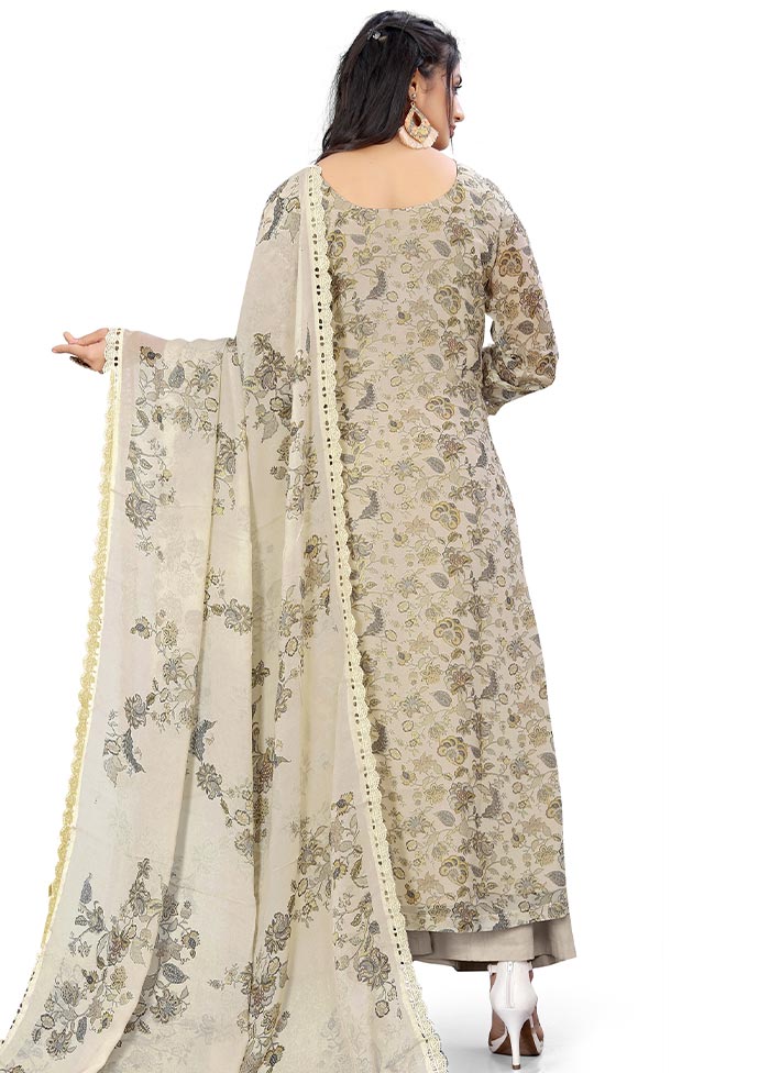 3 Pc Cream Unstitched Georgette Suit Set - Indian Silk House Agencies