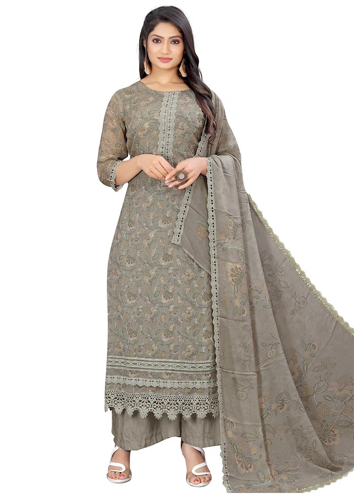 3 Pc Grey Unstitched Georgette Suit Set