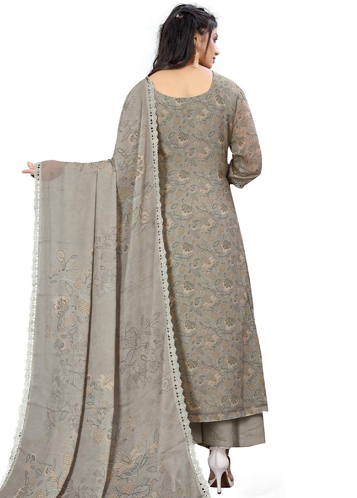 3 Pc Grey Unstitched Georgette Suit Set - Indian Silk House Agencies