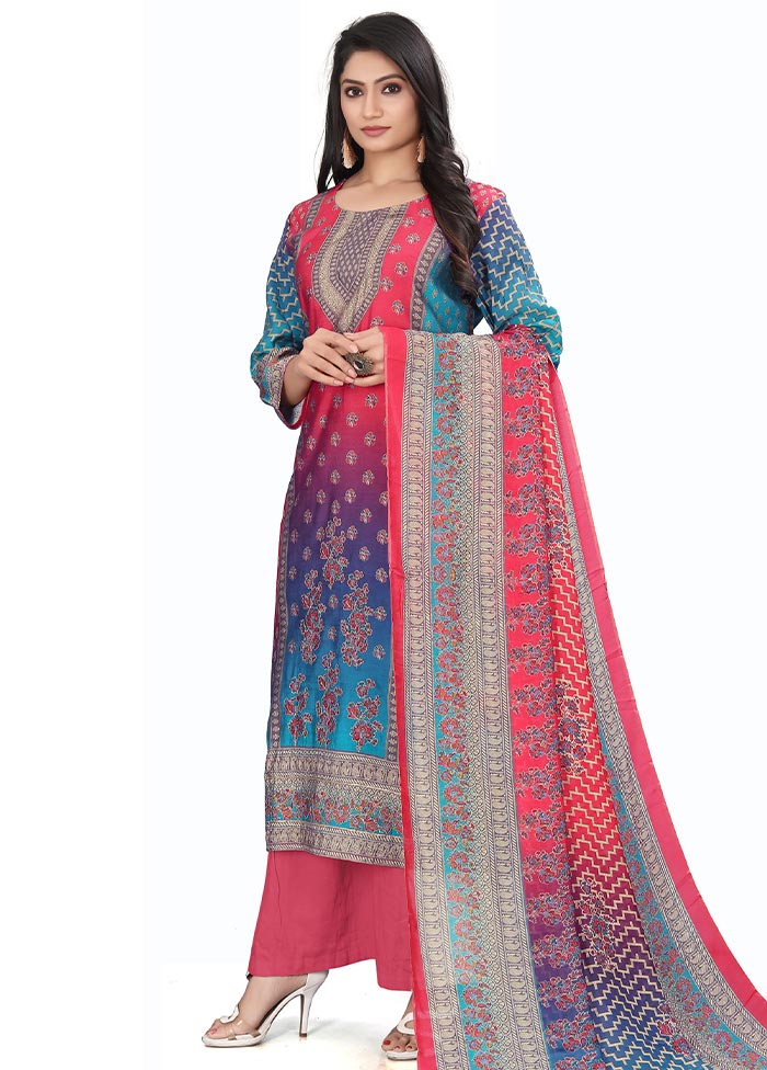 3 Pc Multicolor Unstitched Silk Suit Set - Indian Silk House Agencies