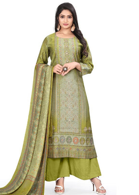 3 Pc Green Unstitched Silk Suit Set - Indian Silk House Agencies