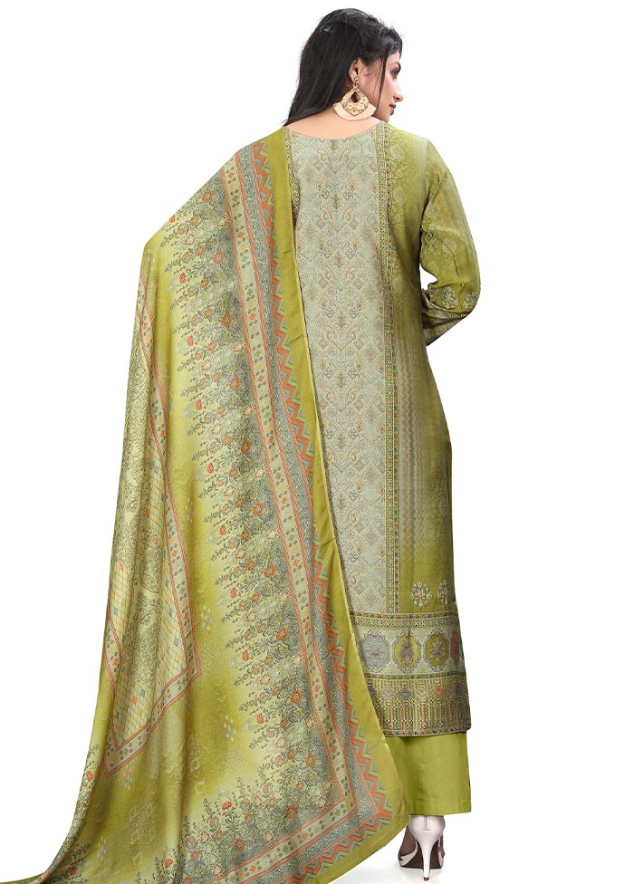 3 Pc Green Unstitched Silk Suit Set - Indian Silk House Agencies