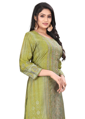 3 Pc Green Unstitched Silk Suit Set - Indian Silk House Agencies