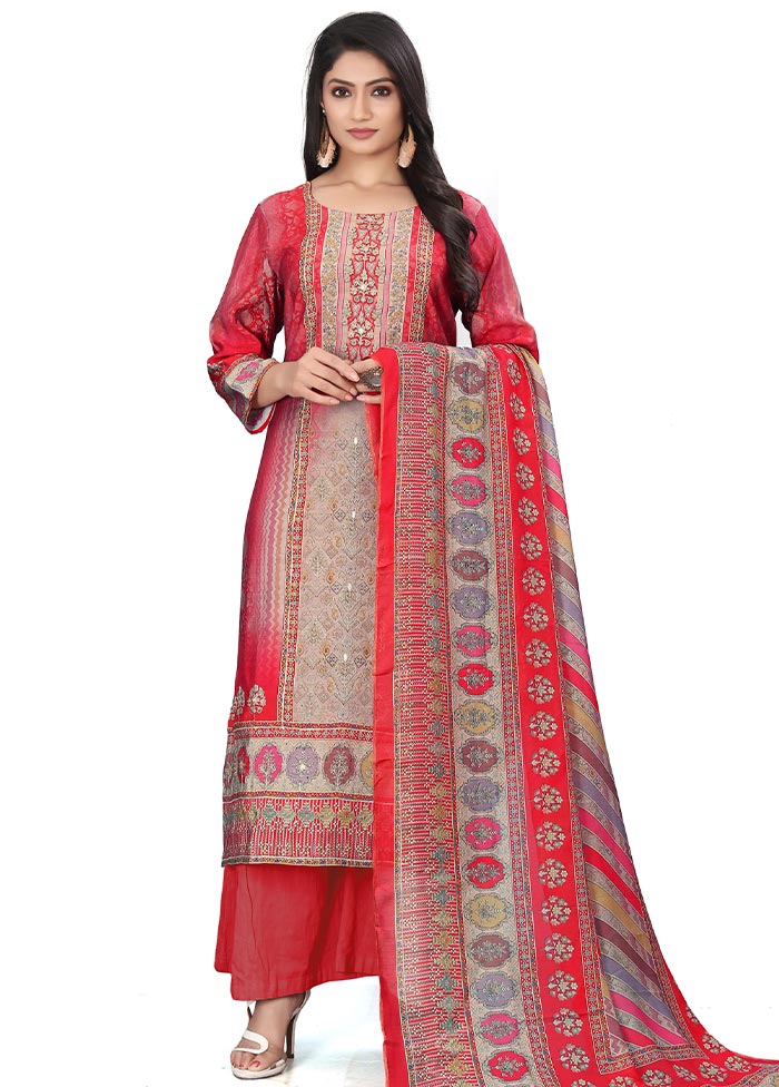 3 Pc Red Unstitched Silk Suit Set