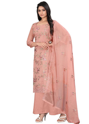 3 Pc Pink Unstitched Net Suit Set - Indian Silk House Agencies