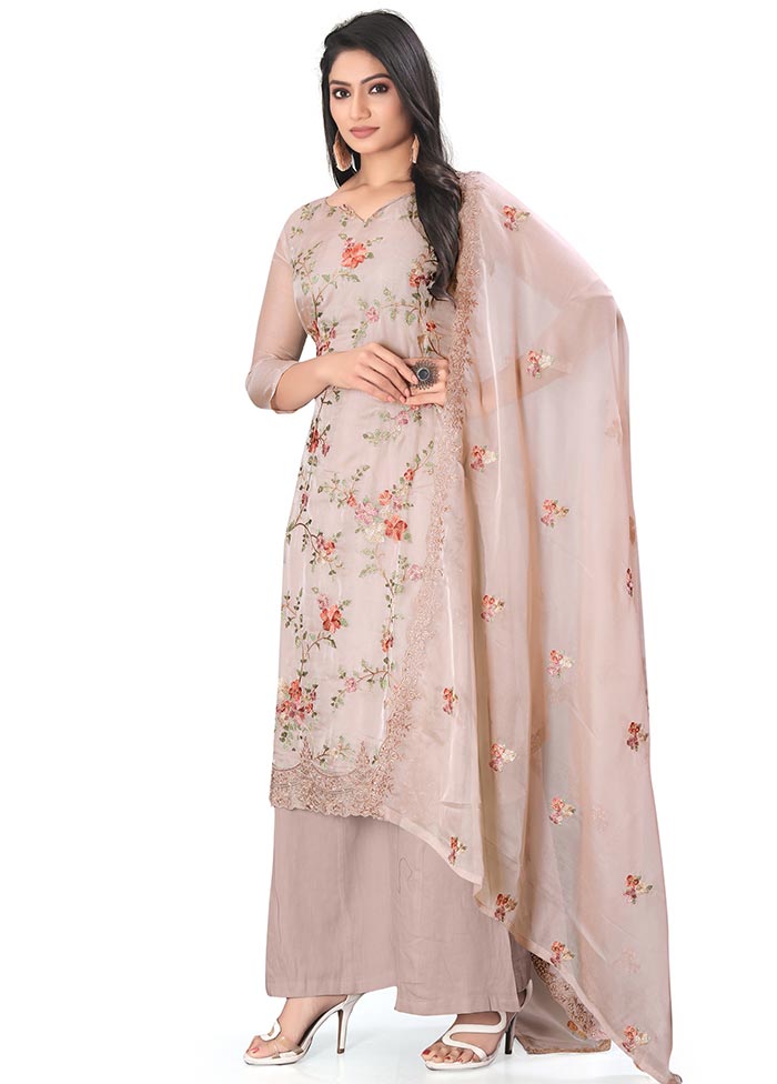 3 Pc Beige Unstitched Net Suit Set - Indian Silk House Agencies