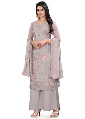 3 Pc Grey Unstitched Net Suit Set - Indian Silk House Agencies