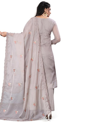 3 Pc Grey Unstitched Net Suit Set - Indian Silk House Agencies