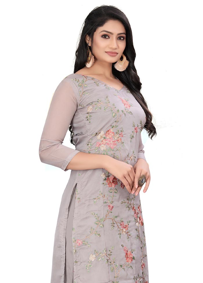 3 Pc Grey Unstitched Net Suit Set - Indian Silk House Agencies