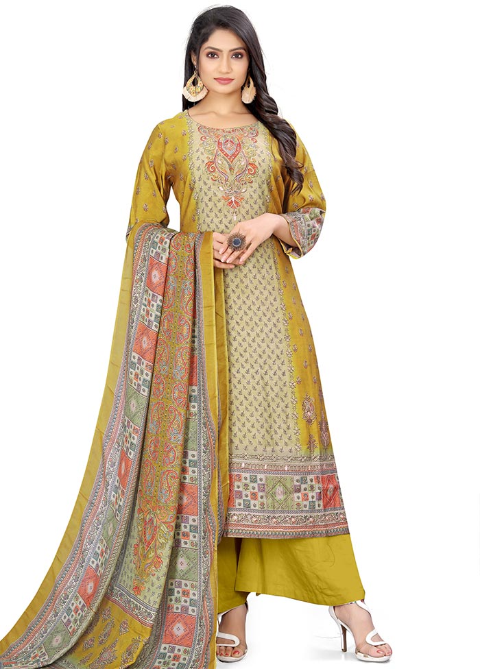 3 Pc Mustard Unstitched Silk Suit Set - Indian Silk House Agencies