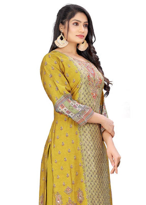 3 Pc Mustard Unstitched Silk Suit Set