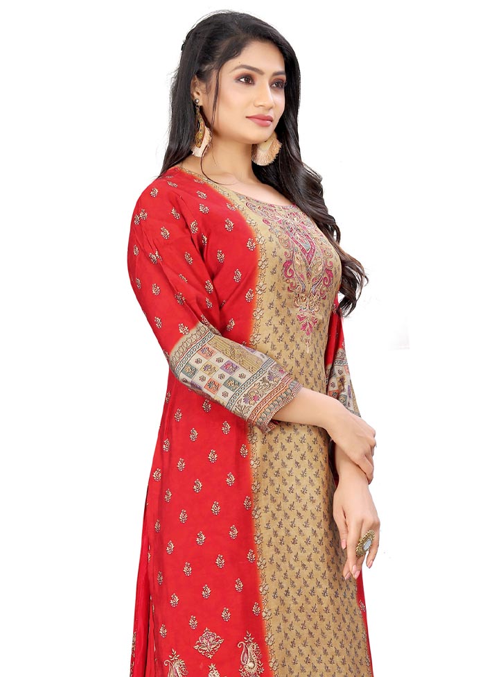 3 Pc Red Unstitched Silk Suit Set - Indian Silk House Agencies