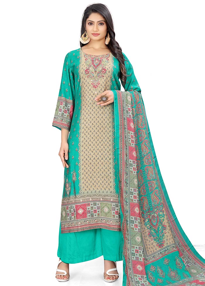 3 Pc Green Unstitched Silk Suit Set