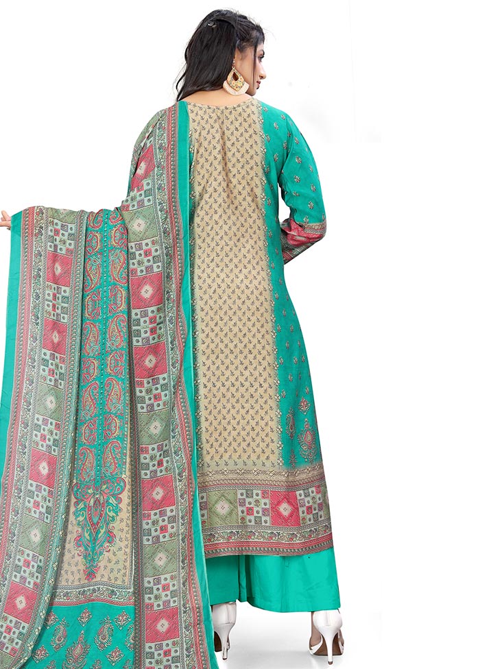 3 Pc Green Unstitched Silk Suit Set - Indian Silk House Agencies