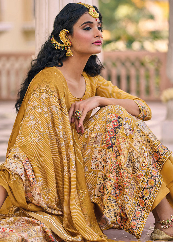 3 Pc Mustard Unstitched Cotton Suit Set - Indian Silk House Agencies