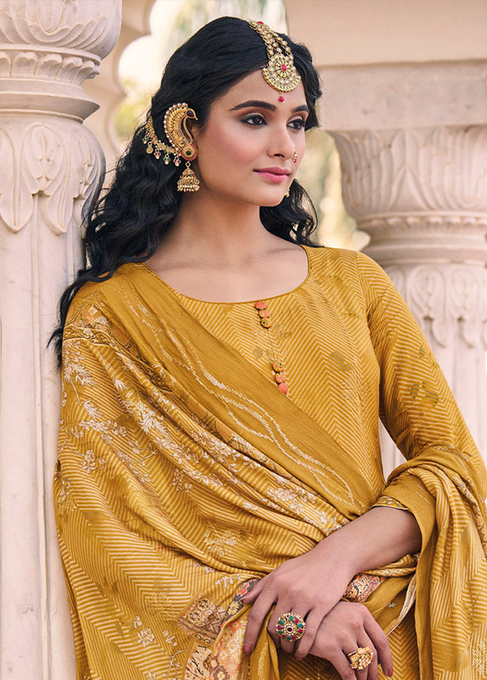 3 Pc Mustard Unstitched Silk Suit Set