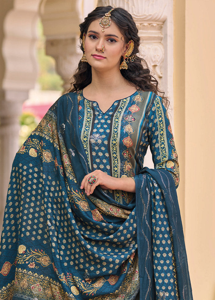 3 Pc Navy Blue Unstitched Silk Suit Set