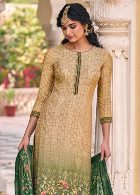 3 Pc Beige Unstitched Cotton Suit Set - Indian Silk House Agencies