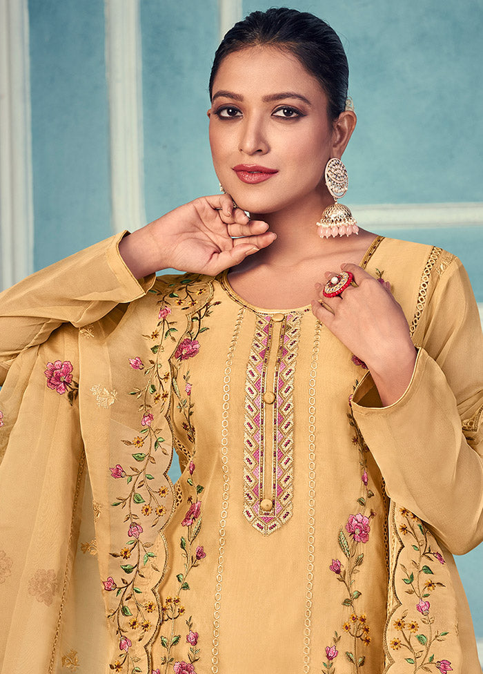 3 Pc Yellow Unstitched Net Suit Set - Indian Silk House Agencies