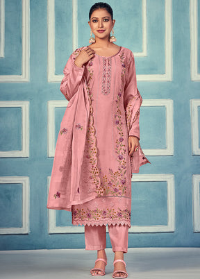 3 Pc Pink Unstitched Net Suit Set - Indian Silk House Agencies