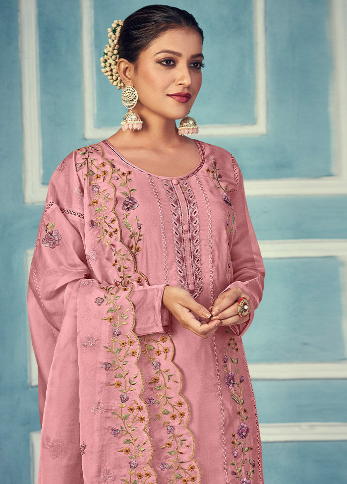 3 Pc Pink Unstitched Net Suit Set - Indian Silk House Agencies