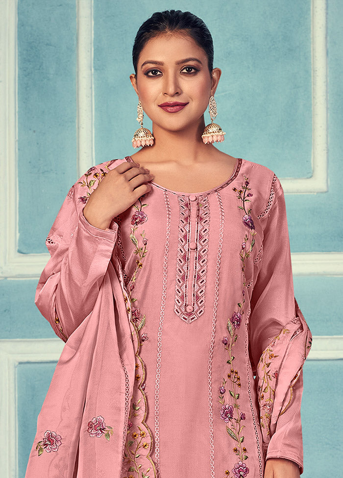 3 Pc Pink Unstitched Net Suit Set