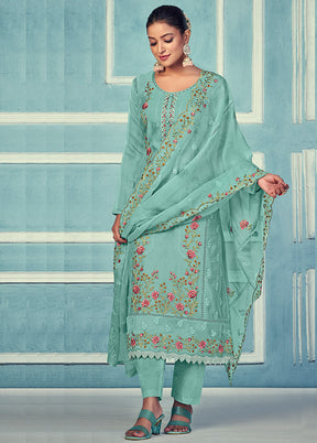 3 Pc Turquoise Unstitched Net Suit Set - Indian Silk House Agencies